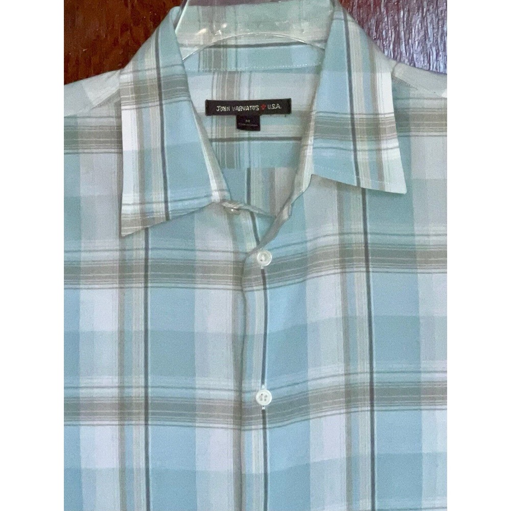 JOHN VARVATOS SHIRT LT BLUE PLAID COTTON L/S MEDIUM SLIM - VISIBLE REPAIR BACK